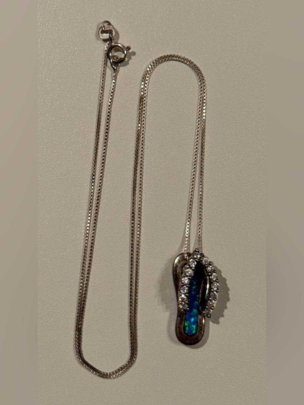 Sterling Silver .925 Italy Blue Lab Opal & CZ Flip Flop Pendant Necklace 18”